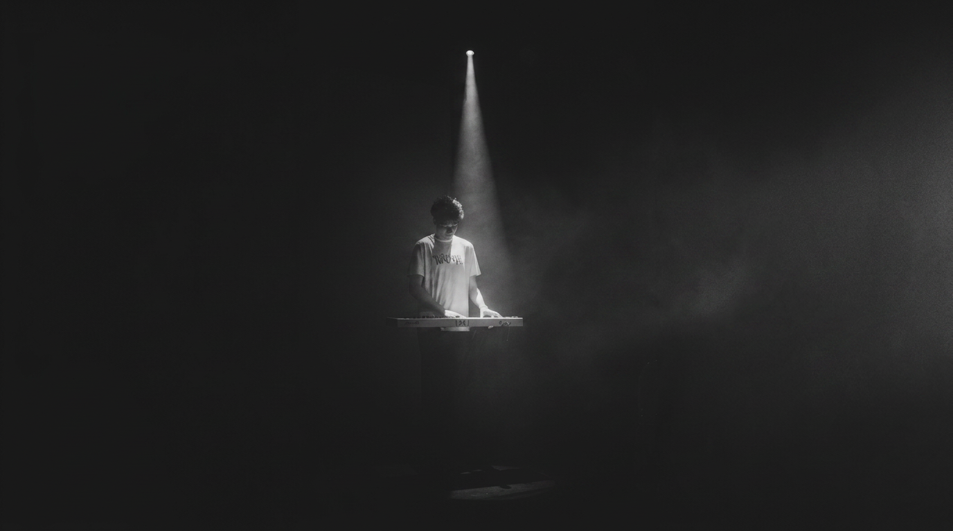 Nicolas Khelif au clavier sous un projecteur, en noir et blanc